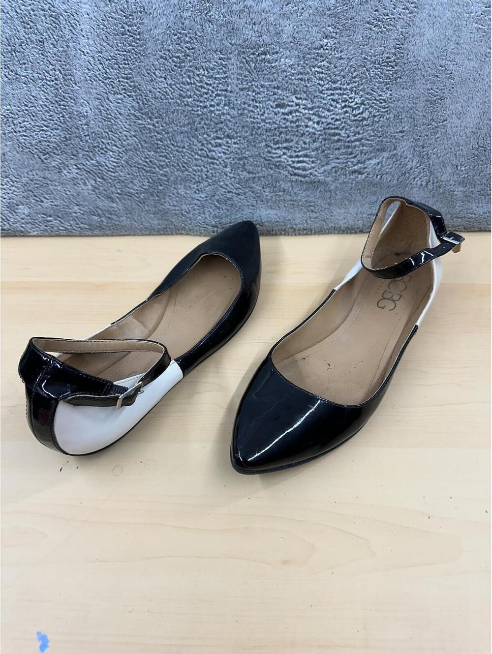 BCBG Patent Leather Colorblock Flats Black White Ankle Strap Minimalist